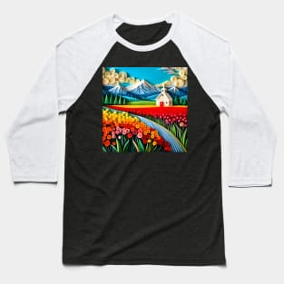 Swirly Quilled Fantasy Field of Multicolor Flowers and Mountains Baseball T-Shirt